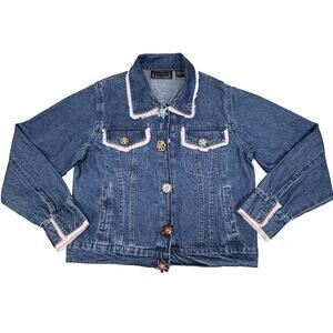 Vintage Life Style Jacket Women L Boho Blue Denim Floral Jewel Button Fringe 90s